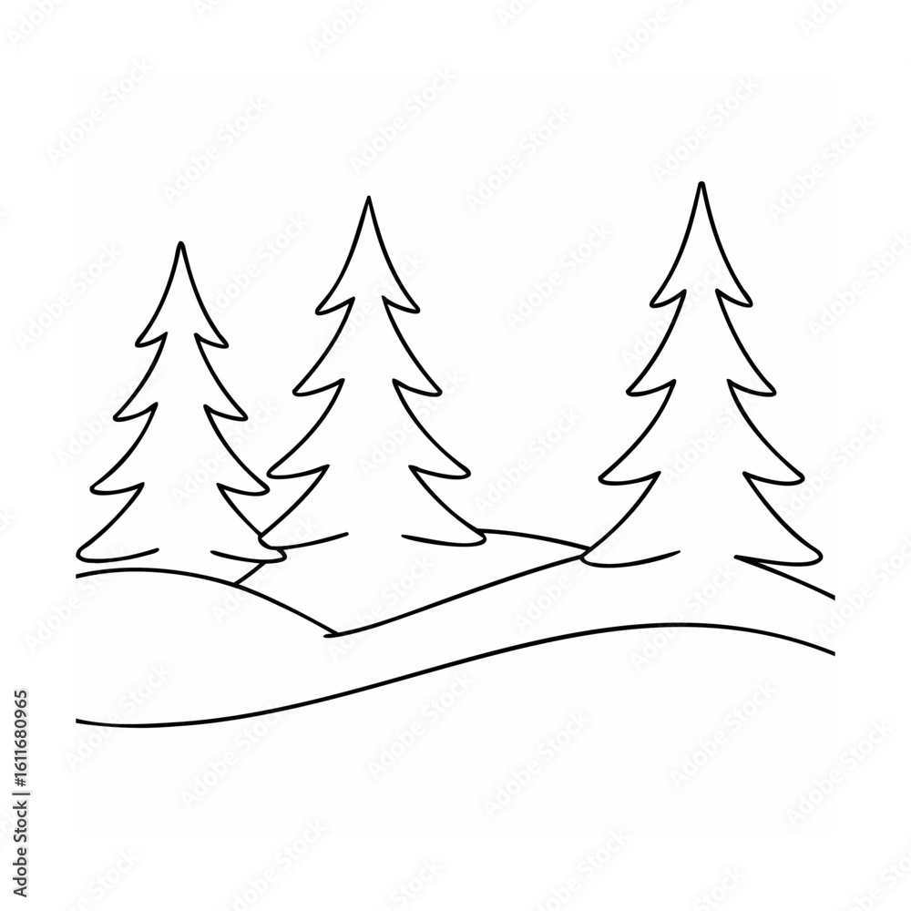 Obraz premium Three stylized evergreen trees on rolling hills forest