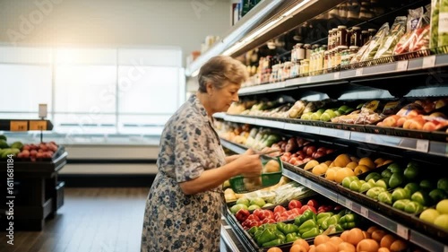 Elderly woman selecting fresh vegetables in a grocery store aisle, examining produce carefully