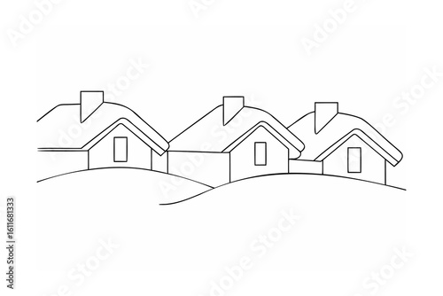 Three thatched roof houses on rolling hills village