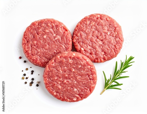 Three raw ground beef patties with black peppercorns and fresh rosemary sprig on white background, close-up, top view, high detail, food preparation