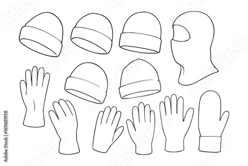 Set of essential cold weather accessories, including beanies, gloves, mittens, and balaclavas for outdoor activities.