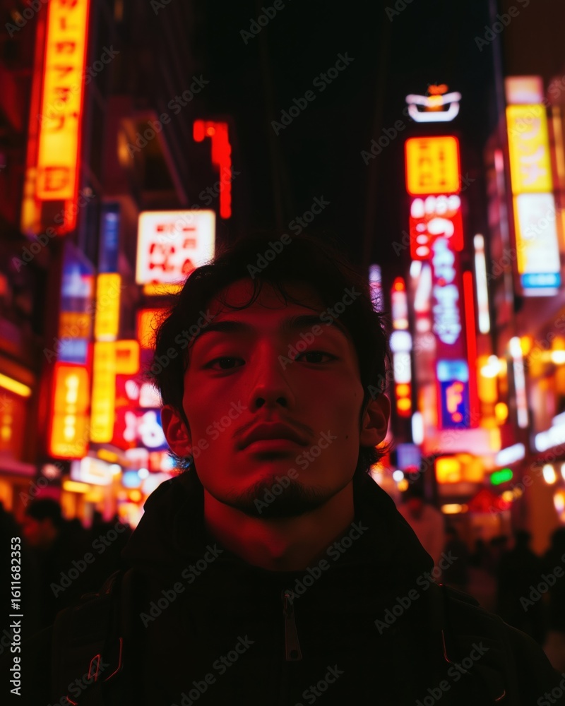 Fototapeta premium Man in urban street lit by neon signs