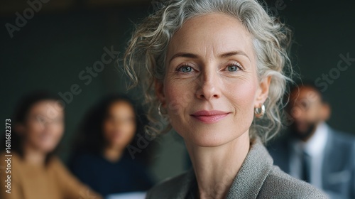 Confident Businesswoman in Meeting with Team Members in Background
