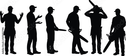 hainsaw workers, safety gear, silhouette collection, construction tools, industrial workforce, occupational safety concept, vector illustration, manual labor poses, equipment use