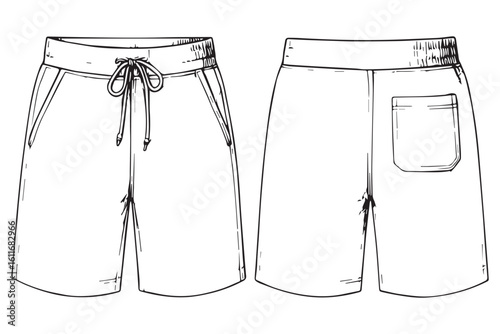 Front and back view of casual shorts with drawstring waistband, minimalist design and side pockets, ready for outdoor activities.