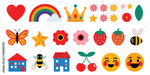 Cheerful Collection of Whimsical Cartoon Illustrations Featuring Hearts Rainbows Crowns Flowers Butterflies and Smiling Faces Evoking Joy and Playfulness