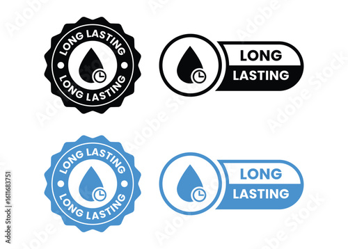 Long lasting icons set, logo, label, badge, sticker, symbol, emblem, stamp, black, line, flat vector, isolated illustration. Pharma or beauty label for product packaging design.	
