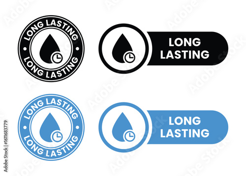 Long lasting icons set, logo, label, badge, sticker, symbol, emblem, stamp, black, line, flat vector, isolated illustration. Pharma or beauty label for product packaging design.	
