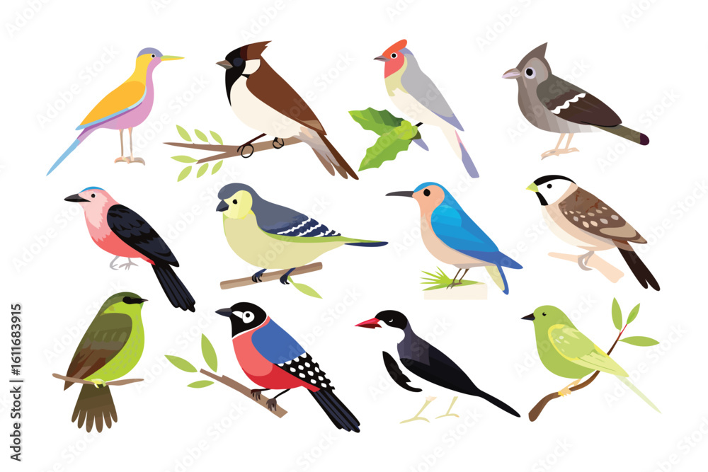 Fototapeta premium Diverse Avian Mosaic: A collection of meticulously illustrated birds, showcasing a kaleidoscope of vibrant plumage and unique postures.