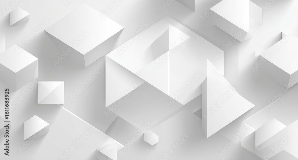 Obraz premium Abstract composition of interlocking white cubes, triangles, and squares on a white background, creating a three-dimensional, geometric pattern with subtle shadows