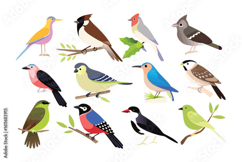 Diverse Avian Mosaic: A collection of meticulously illustrated birds, showcasing a kaleidoscope of vibrant plumage and unique postures.