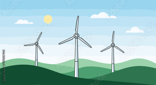 Vast green hills under sunny skies with three giant wind turbines generating clean energy
