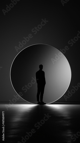 Silhouette of a person standing inside a circle with light and dark contrast in monochrome style