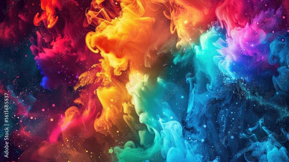 Fototapeta premium Vibrant, swirling clouds of red, orange, yellow, and blue ink diffuse in a dark, speckled background, creating a cosmic, ethereal effect