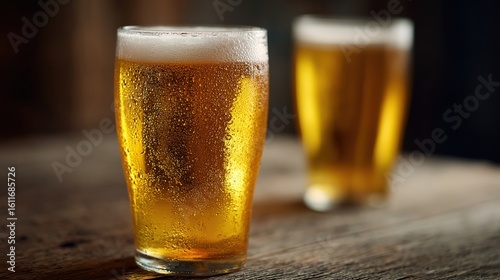 Refreshing Glasses of Beer with Foam on Wooden Table