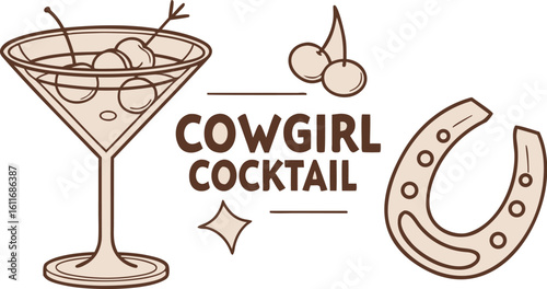 Cowgirl Cocktail Illustration – Martini Glass with Horseshoe on Pink Background