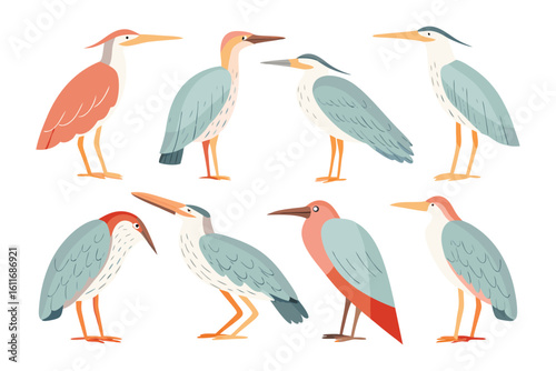 Stylish Heron Collection: A digitally illustrated collection of diverse herons, each gracefully posed, perfect for artistic and educational projects, capturing unique feather patterns and forms.