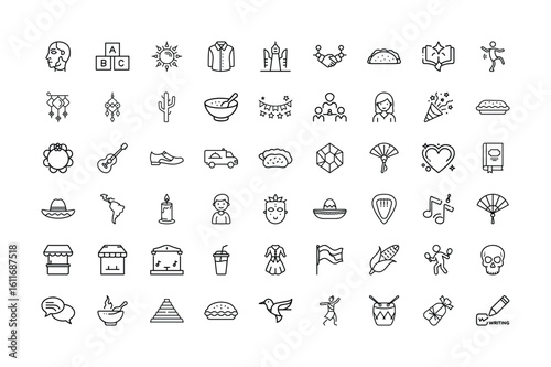 Hispanic heritage month line icon of a diverse collection of line art icons representing various themes and concepts