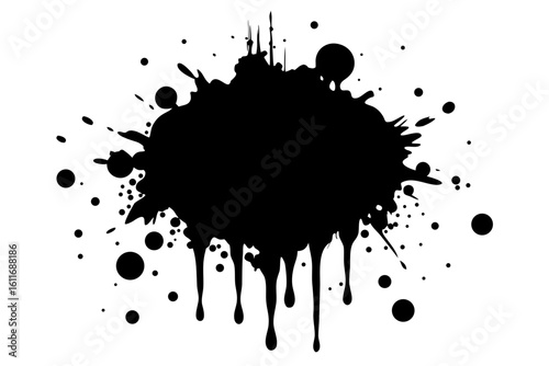 Black ink grunge splatters and drops create a dirty, abstract design element