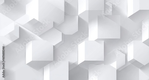 Abstract white geometric pattern of cubes and hexagons, creating a three-dimensional, textured effect with subtle shadowing and varying depths