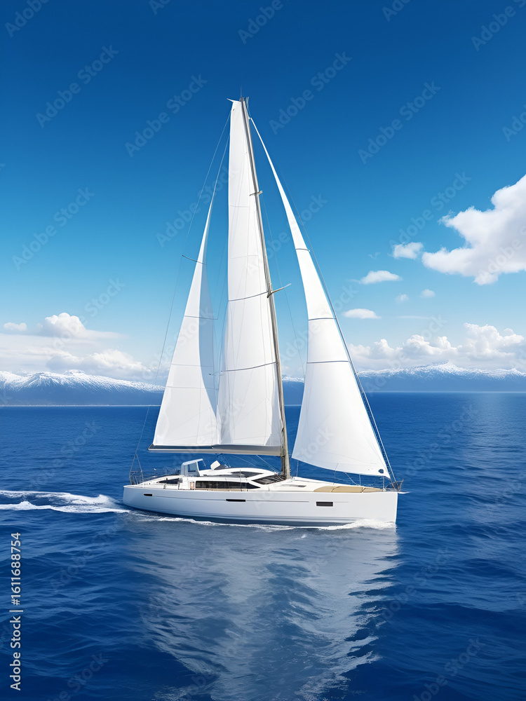 Naklejka premium Beautiful snow -white sailboat in blue ocean. Panoramic image. . High quality illustration