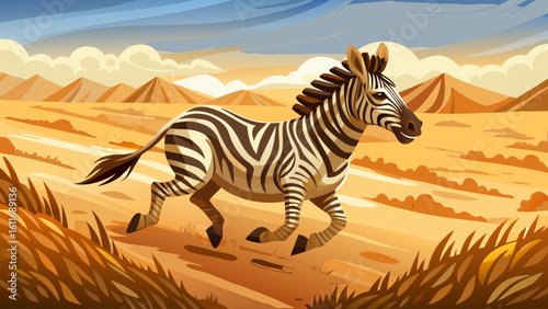 A zebra gallops across dry savanna plains, stripes blurring in the heat as it races through dust