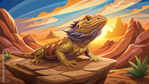 A bearded dragon basks on a sun-warmed rock in a dry desert canyon, eyes blinking slowly