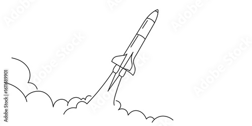 Rocket takes off on a white background. Line drawing of a taking off shuttle. Modern vector illustration. Editable stroke