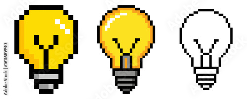pixel art Light bulb vector 8 bit lamp icon logo. Idea icon, thinking, solution concept pixel art Light bulb vector game 8 bit lamp icon logo. Idea icon, thinking, solution concept