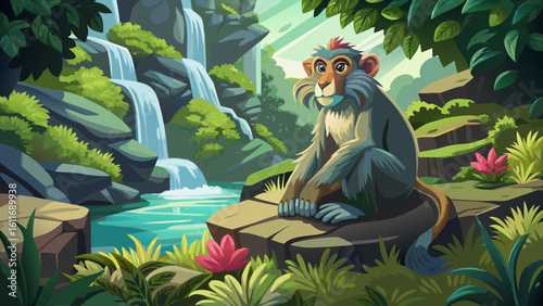 A macaque monkey sits on a mossy rock beside a jungle waterfall, grooming calmly in the shade