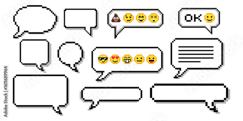 Set of pixel dialogue boxes different shapes. Chat speech bubbles, flash message frames with text or empty dialog communication box in 8 bit retro style.