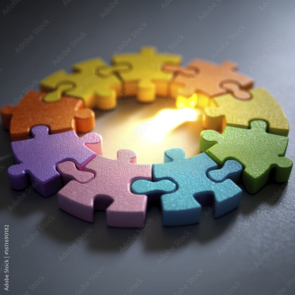 Fototapeta premium Colorful Puzzle Ring with Glowing Central Piece