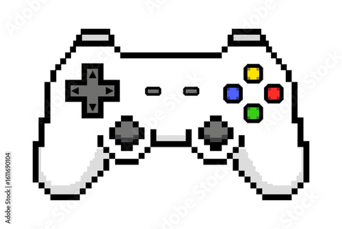 Pixel gamepad or joystick. Pixelated game controller icon with buttons and sticks. Pixel art video game joypad. Vector illustration.
