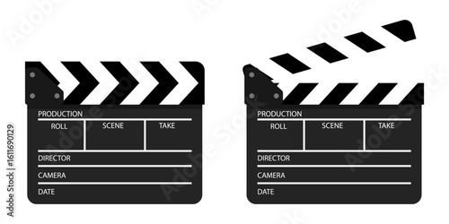 Clapper board vector icon set. Opened and closed movie clapper film clap board. Movie, cinema, film symbol concept. Director clapboard. Filmmaking, video production industry equipment.