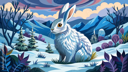 An arctic hare sits still among frozen tundra shrubs, blending in perfectly with the snowy terrain