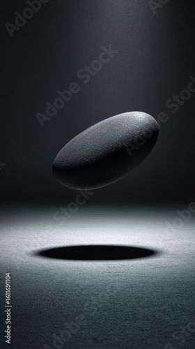 A gray stone pebble hovering above a gray surface casting a dark shadow in a dark environment