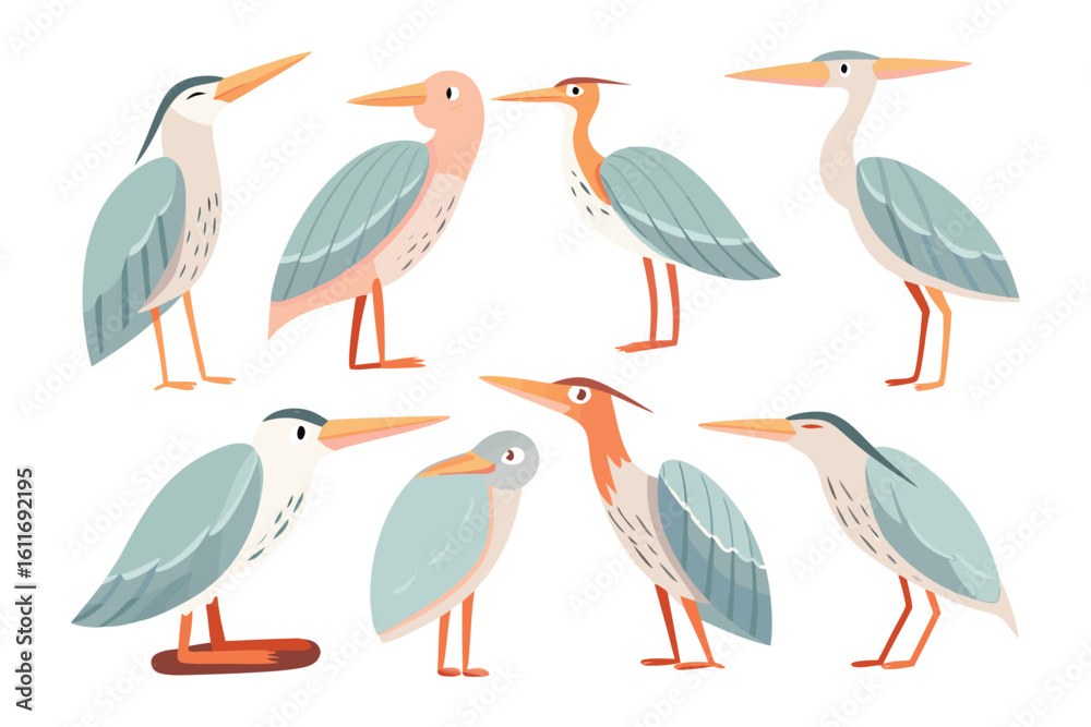 Obraz premium Elegant Heron Varieties: A collection of beautifully illustrated herons, each showcasing unique color palettes and graceful poses, perfect for adding a touch of avian charm to any creative project.