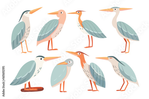 Elegant Heron Varieties: A collection of beautifully illustrated herons, each showcasing unique color palettes and graceful poses, perfect for adding a touch of avian charm to any creative project.