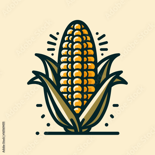 Stylized corn illustration featuring vibrant yellow kernels and green husks for agricultural themes