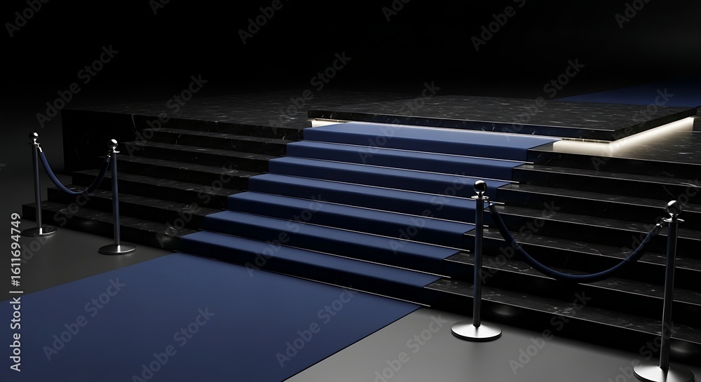 Fototapeta premium Elegant Presentation: A Luxurious Stage with Blue Carpet and Security Barrier