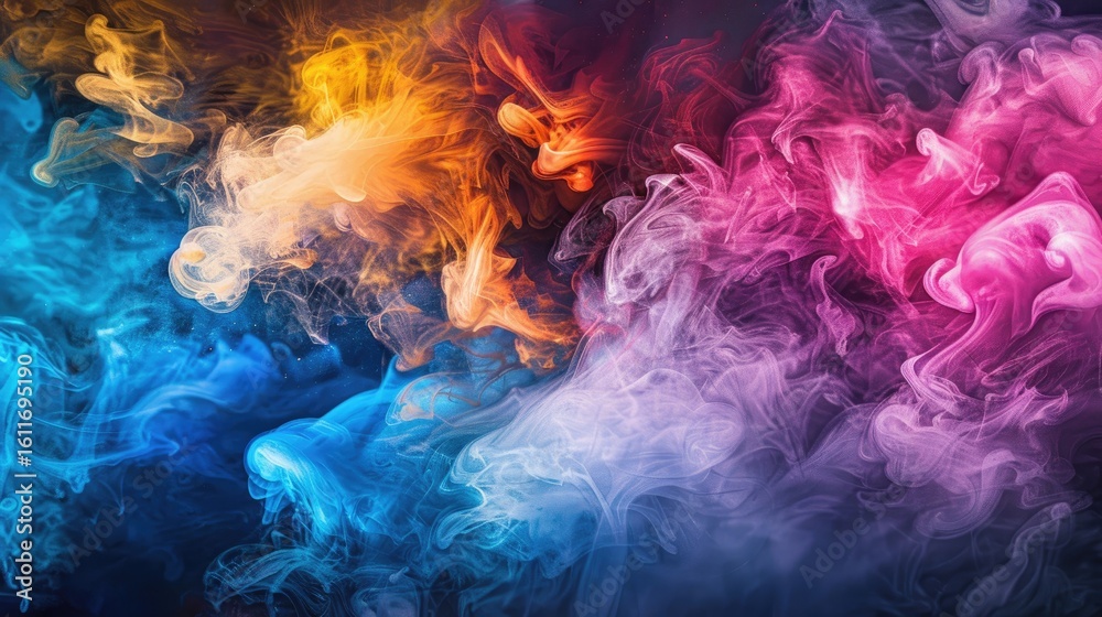 Fototapeta premium Vivid, swirling clouds of colorful smoke blend and intertwine against a dark background, creating an abstract, dynamic composition