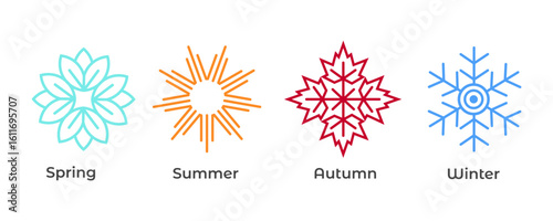 Spring, Summer, Autumn, Winter Symbols Modern Line Design for Print. Seasonal Icons Pack  Minimalist Line Art for Branding