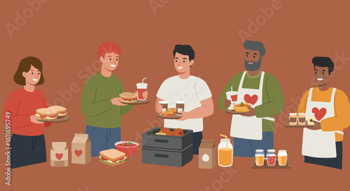 Five smiling volunteers serve sandwiches, drinks, and pastries at a food bank or charitable event, symbolizing community support and generosity.