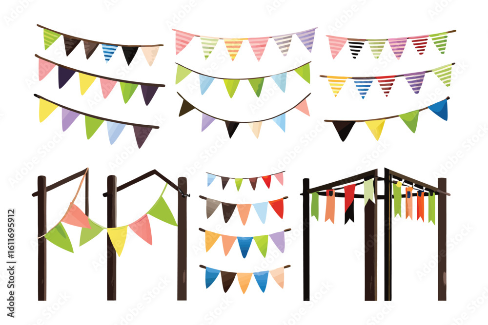 Fototapeta premium Celebration Bunting Collection: A vibrant collection of colorful bunting flags perfect for parties, celebrations, and festive occasions. Various styles and arrangements are shown.