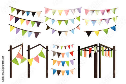 Celebration Bunting Collection: A vibrant collection of colorful bunting flags perfect for parties, celebrations, and festive occasions.  Various styles and arrangements are shown.