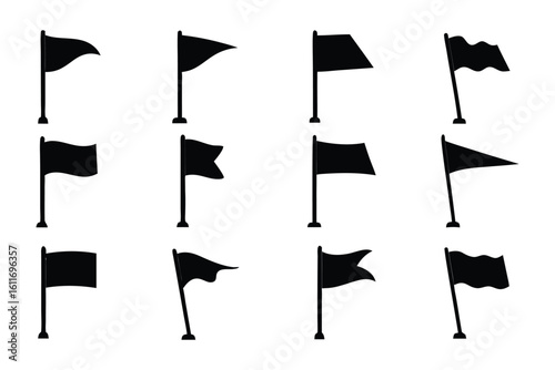 Flags in the wind: Various flags of diverse shapes fluttering against a solid backdrop, each silhouette suggesting movement and direction, evoking a sense of purpose and unity.