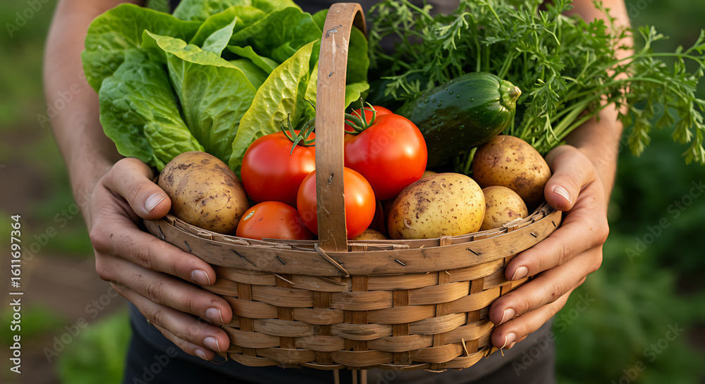 Fototapeta premium Hands holding a basket of fresh organic vegetables, with visible soil and leaves