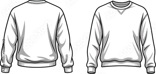 CAD drawing flat vector illustration, crewneck sweatshirt front and back view, fashion design template, technical sketch, garment mockup, clothing flat, apparel vector, pullover outline