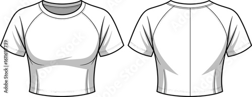 CAD drawing flat vector illustration, cropped t-shirt front and back view, fashion design template, technical sketch, garment mockup, clothing flat, apparel vector, shirt design