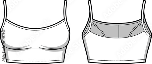 CAD drawing flat vector illustration, sports bra front and back view, fashion design template, technical sketch, activewear garment, apparel mockup